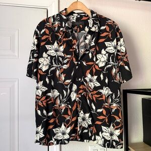 rag & bone Women’s L Black Floral Button-Down Shirt with Rust and White Print